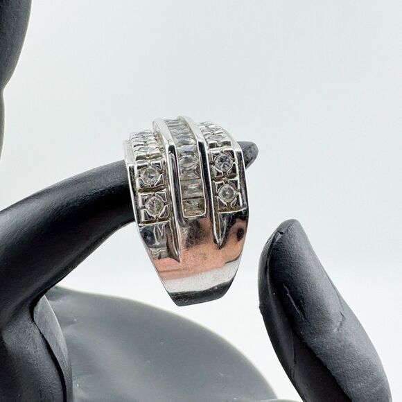Vintage Sterling Silver 925 Men’s Multi-Band Rhinestone Ring Triple Row Channel - Picture 6 of 14